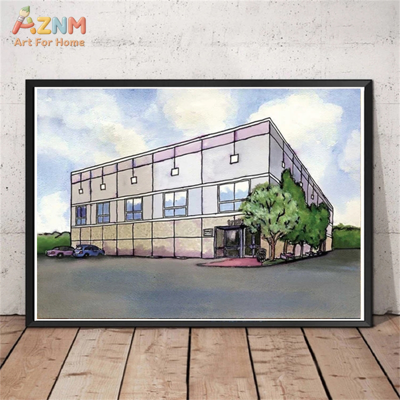 Commercial Wall Printing - AZNM Watercolor Modern Commercial Building Landscape