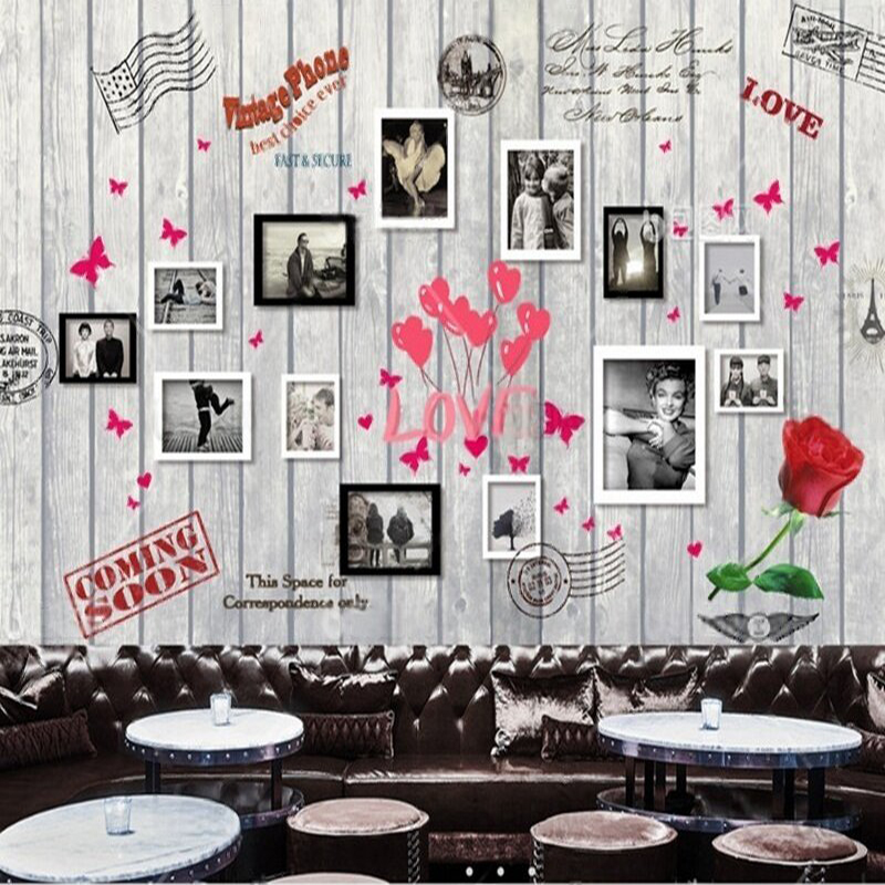 Commercial Wall Printing - European and American wood grain heart-shaped